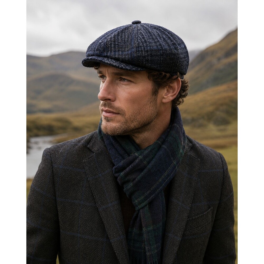 NWT Mucros Weavers Irish Wool Driving Cap Blue Plaid Tweed Flat Cap M Ireland